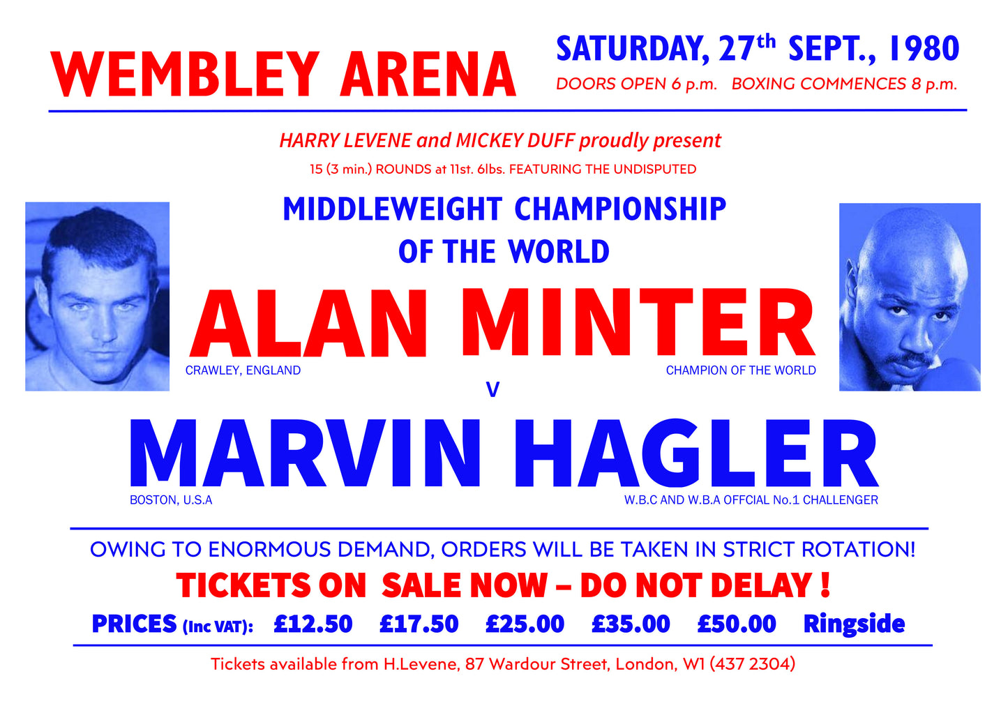 Alan Minter v Marvin Hagler 1960s Poster